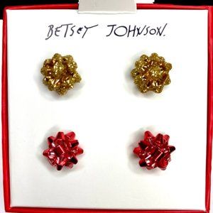 NIB Betsey Johnson "Whimsy Red & Gold Christmas Bows" Stud Set | Xmas Earrings